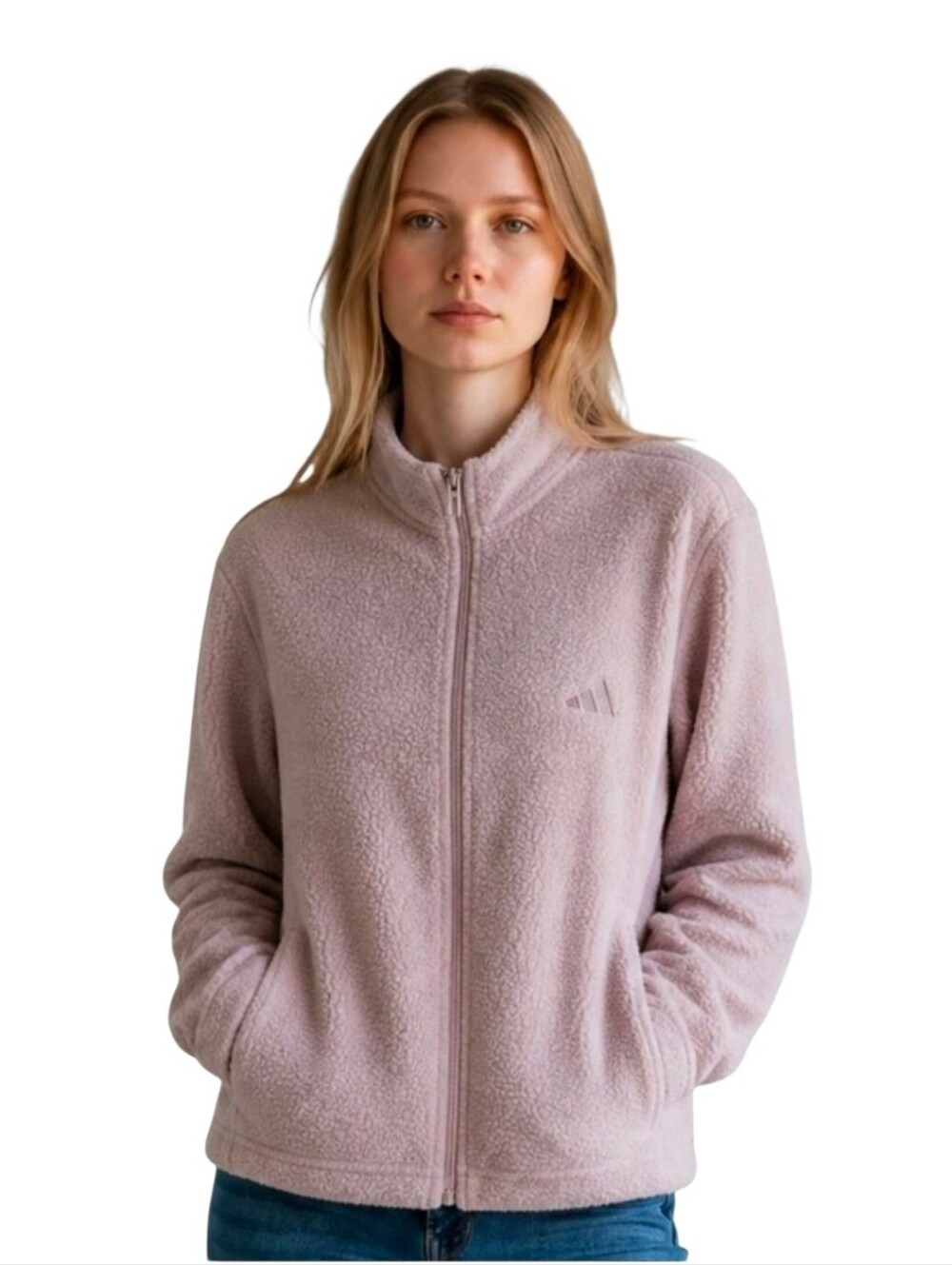 Adidas Neutral Beige Dusty Rose Sherpa Full Zip Jacket Deep Pockets women's XL
